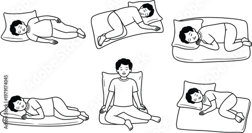 Child, sleeping, positions, set, boy, bedtime, poses, pillow, mattress, vector, illustration, healthy, sleep, posture, cartoon, kids, rest, nap, bedtime, collection