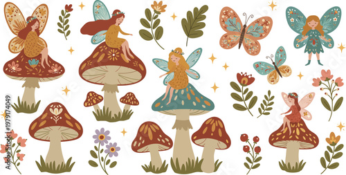 A cute cartoon vector illustration of a baby girl with pink floral patterns, summer flowers, and a set of spring nature icons like a butterfly, bee, and ladybug