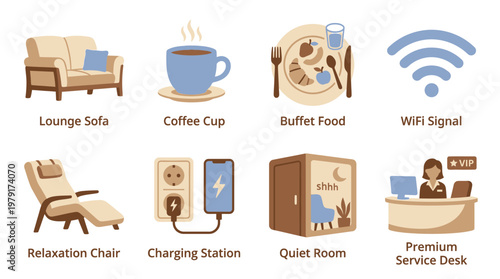 A vector set of modern office amenities including a lounge sofa, coffee cup, buffet food, WIFI signal, relaxation chair, charging station, quiet room, and premium service desk.