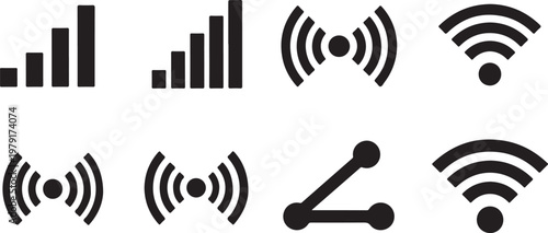 Black and white wireless network connection icons on plain background