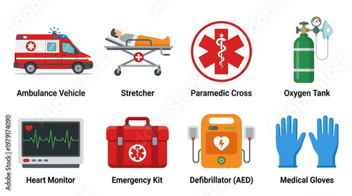 Medical vector set for emergency services includes ambulance vehicle, stretcher, paramedic cross, oxygen tank, heart monitor, emergency kit, defibrillator, and medical gloves.