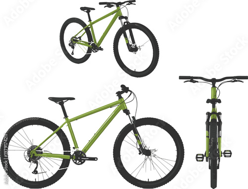 Mountain, bike, bicycle, green, isolated, vector, illustration, side, front, angle, views, cycling, sport, MTB, equipment, ride, trail, outdoor, transportation, design