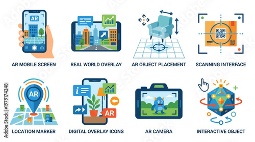 Vector set of augmented reality icons depicting various interactive elements and digital overlays on mobile screens and real-world objects in a futuristic technological environment.
