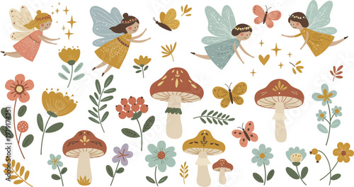 Vector illustration featuring a cartoon set of autumn trees and leaves with various forest mushrooms, red toadstools, and green grass isolated on a white background