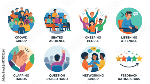 Vector set of diverse people in various social interactions at a conference, including a crowd group, seated audience, cheering people, and clapping hands.