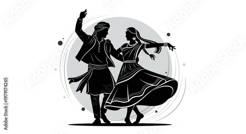 Traditional indian couple dancing in elegant black silhouette against gray background with decorative circles