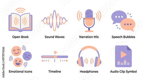 Vector set of audiobook elements including open book, sound waves, mic, speech bubbles, icons, timeline, headphones, and audio clip symbol for multimedia content creation.
