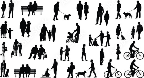 People, silhouettes, set, walking, family, crowd, pedestrians, dog, stroller, bicycle, black, isolated, vector, collection, urban, lifestyle, characters, icons, illustration, design