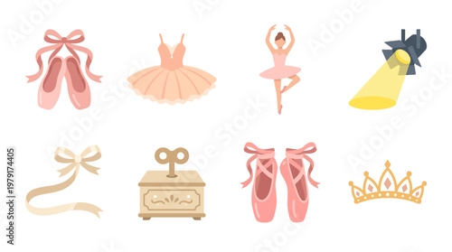 A vector set of ballet themed icons including shoes, tutu, crown, and accessories.