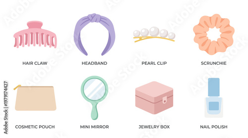 Vector set of various beauty and makeup products arranged neatly on a surface.