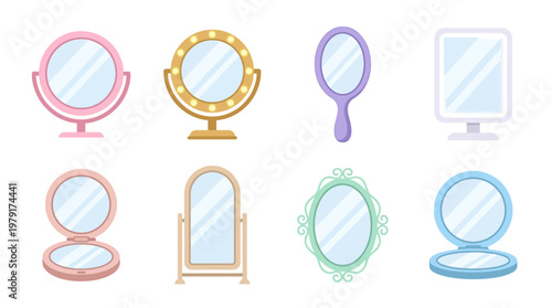 A vector set of colorful mirrors in various styles and shapes on a white background for design purposes.
