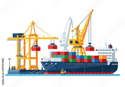 A large cargo ship is being loaded with colorful containers at a port using yellow cranes for ekspor impor operations.