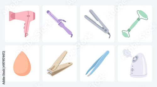 A vector set of various beauty and kitchen appliances on display including a hair dryer, straightener, epilator, shaver, dropper, tongs, toothbrush, and mixer.