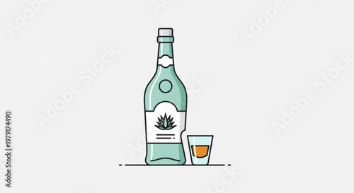 Tequila bottle with shot glass on table vector line art illustration for drinks and nightlife concepts