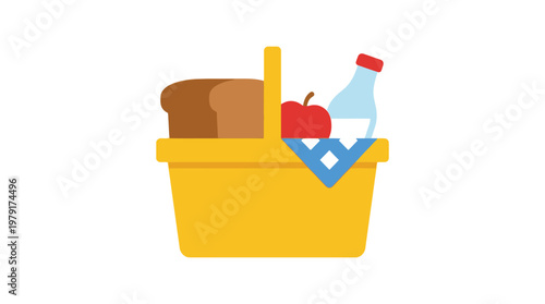 A yellow shopping basket with food.