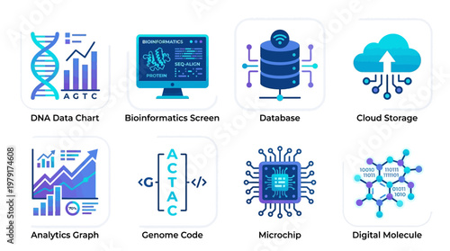 A vector set of bioinformatics icons depicting DNA data, bioinformatics screens, databases, and digital molecules in a scientific environment from a technology viewpoint.