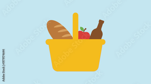 A yellow shopping basket with food.