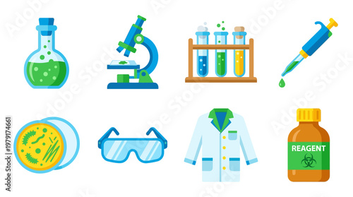 A vector set of laboratory equipment and protective gear for science experiments in a lab.