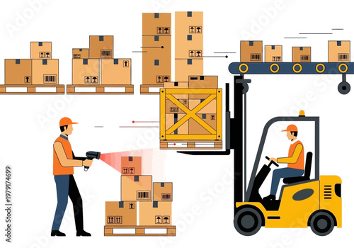 Workers operate forklift and scan boxes in warehouse for ekspor impor process