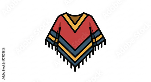 Colorful striped poncho with fringe on white background vibrant red yellow blue and black hues