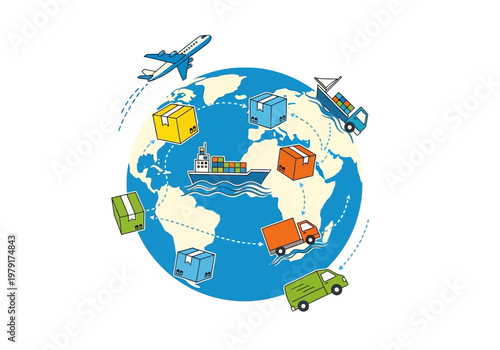 Global ekspor impor logistics network with various transportation modes