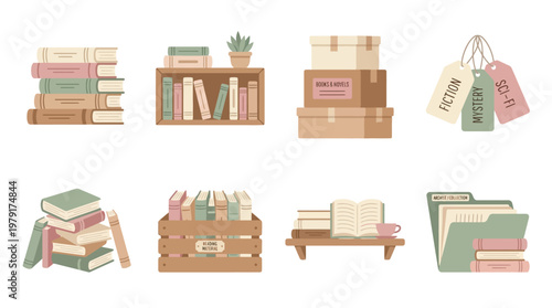 Vector set of various book collections on shelves and in crates around a cozy reading nook with potted plants and shopping bags.