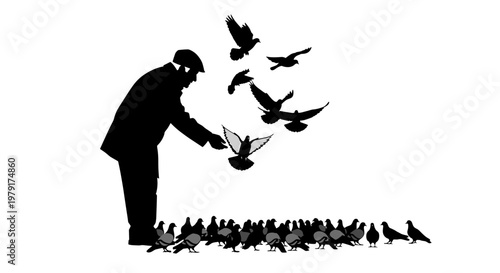 Man feeding many pigeons outside.