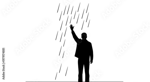 Man in rain with hand up.