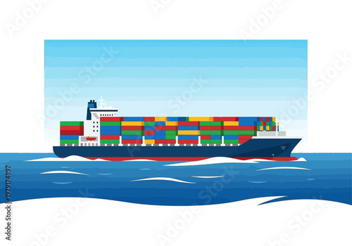 A large cargo ship loaded with colorful containers sails through icy waters.