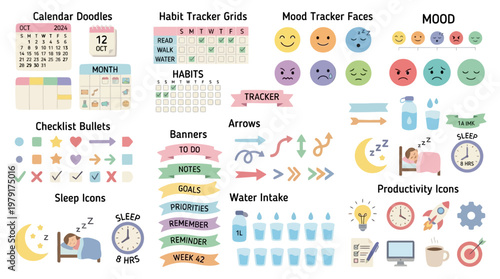 A colorful vector set of various icons and graphics for a digital planner, including calendar doodles, habit tracker grids, and mood tracker faces on a white background.