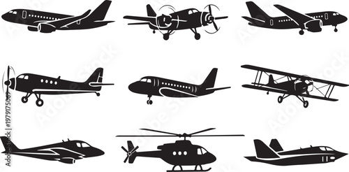 Collection of various airplanes and helicopter in black silhouette style