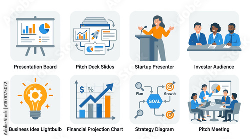 Business vector set illustrating startup presentation with infographics and teamwork in a modern office environment with investors and strategy discussion.