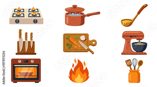 Vector set of kitchen utensils and appliances for cooking and baking activities indoors.