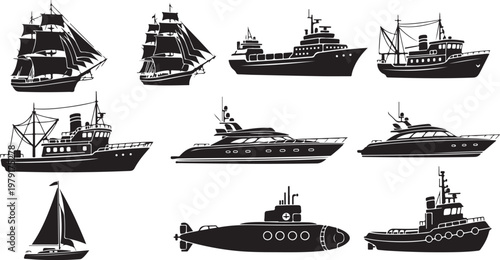 Collection of various naval vessels and ships in black silhouette