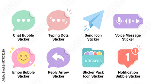 A vector set of various colorful chat stickers including chat bubble, typing dots, send icon, voice message, emoji bubble, reply arrow, sticker pack icon, and notification bubble stickers.