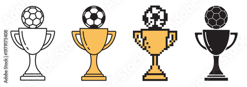 Vector illustration of a championship trophy cup with a soccer ball. Set includes linear, color, solid, and pixel art icons representing sports victory, achievement, and tournament prize.