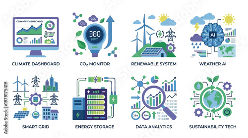 Eco friendly vector set of modern sustainability icons showcasing green technology and renewable energy solutions with climate dashboard and smart grid