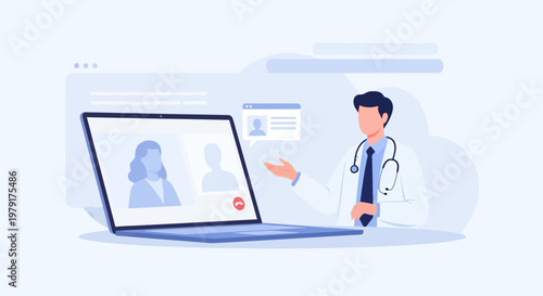 Doctor consults patient online via video call on laptop, telemedicine concept