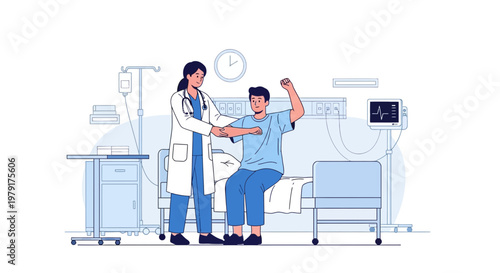 Doctor examining patient's arm in hospital room, rehabilitation and medical care concept