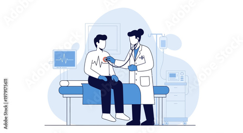 Doctor examining patient's chest with stethoscope, medical checkup in clinic, healthcare concept