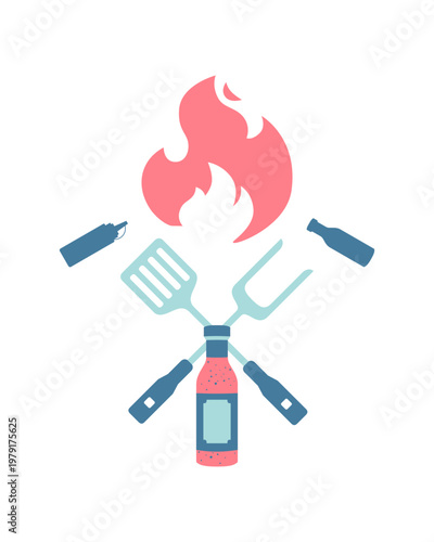BBQ Grill Tools and Sauce Bottle Flat Illustration – Barbecue Cooking Concept