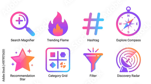 A vector set of icons featuring a search magnifier, trending flame, hashtag, explore compass, recommendation star, category grid, filter, and discovery radar for navigation and discovery.