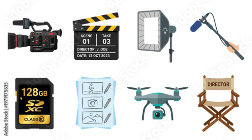 A vector set of film production equipment and accessories on a clean surface for a movie shoot