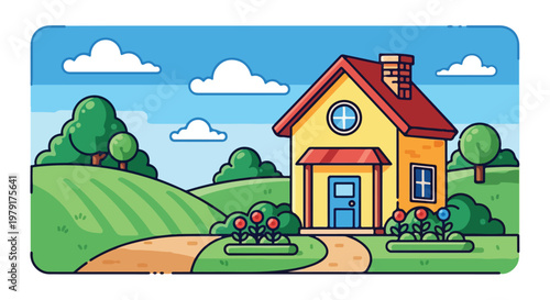 Cute Cartoon House with Garden Landscape.