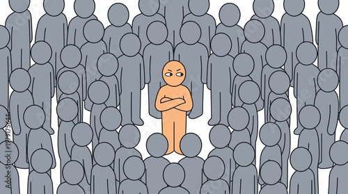 A solitary figure expressing discomfort stands out from a crowd feeling isolated among many people.
