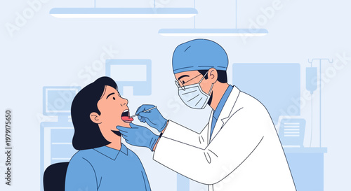 Doctor examining patient's throat with swab in clinic, medical examination concept