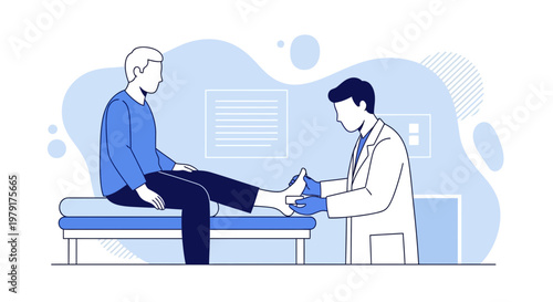 Doctor examining patient's foot on examination table, medical check-up concept
