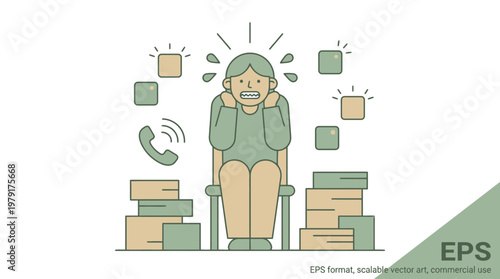 A woman feels discomfort and anxiety while sitting among stacked boxes.