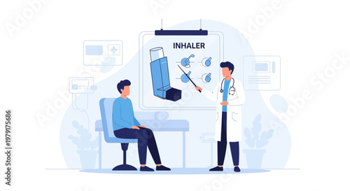 Doctor explaining asthma inhaler to patient, medical consultation, respiratory health