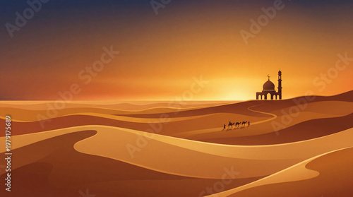 Desert Landscape Mosque Tiny Silhouette Eid al-Adha Scene